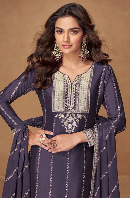 Davy Grey Chinon Silk Palazzo Suit With Embroidery Work