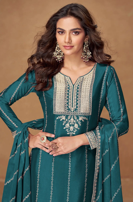 Dark Teal Chinon Silk Palazzo Suit With Embroidery Work