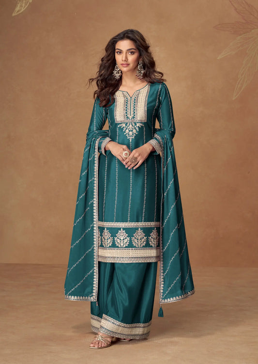 Dark Teal Chinon Silk Palazzo Suit With Embroidery Work