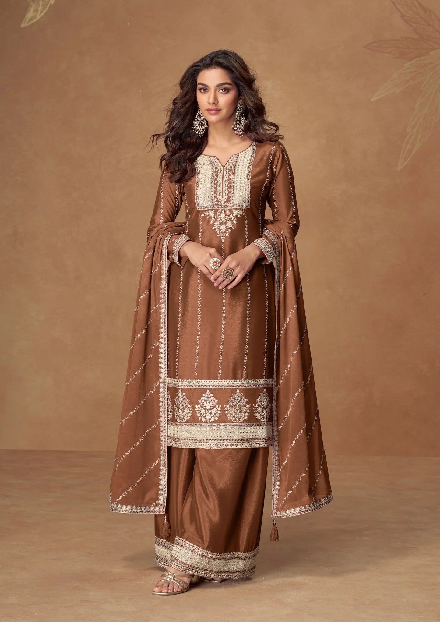 Rust Brown Chinon Silk Palazzo Suit With Embroidery Work