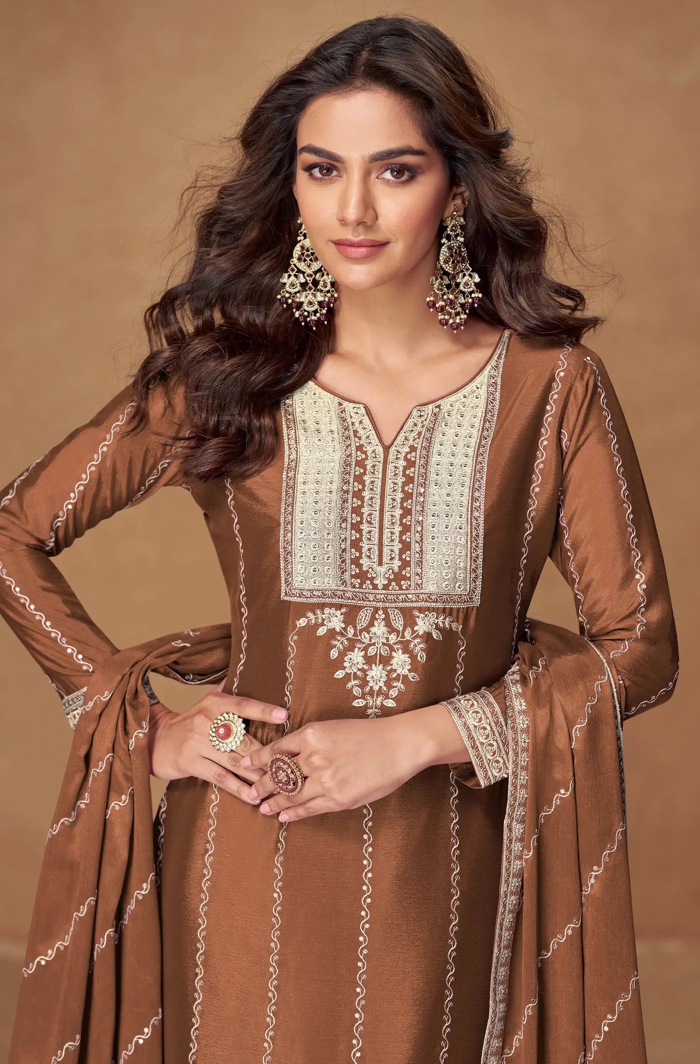 Rust Brown Chinon Silk Palazzo Suit With Embroidery Work