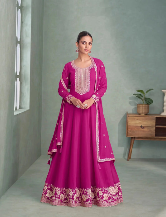 Rani Pink Georgette Embroidery Work Gown