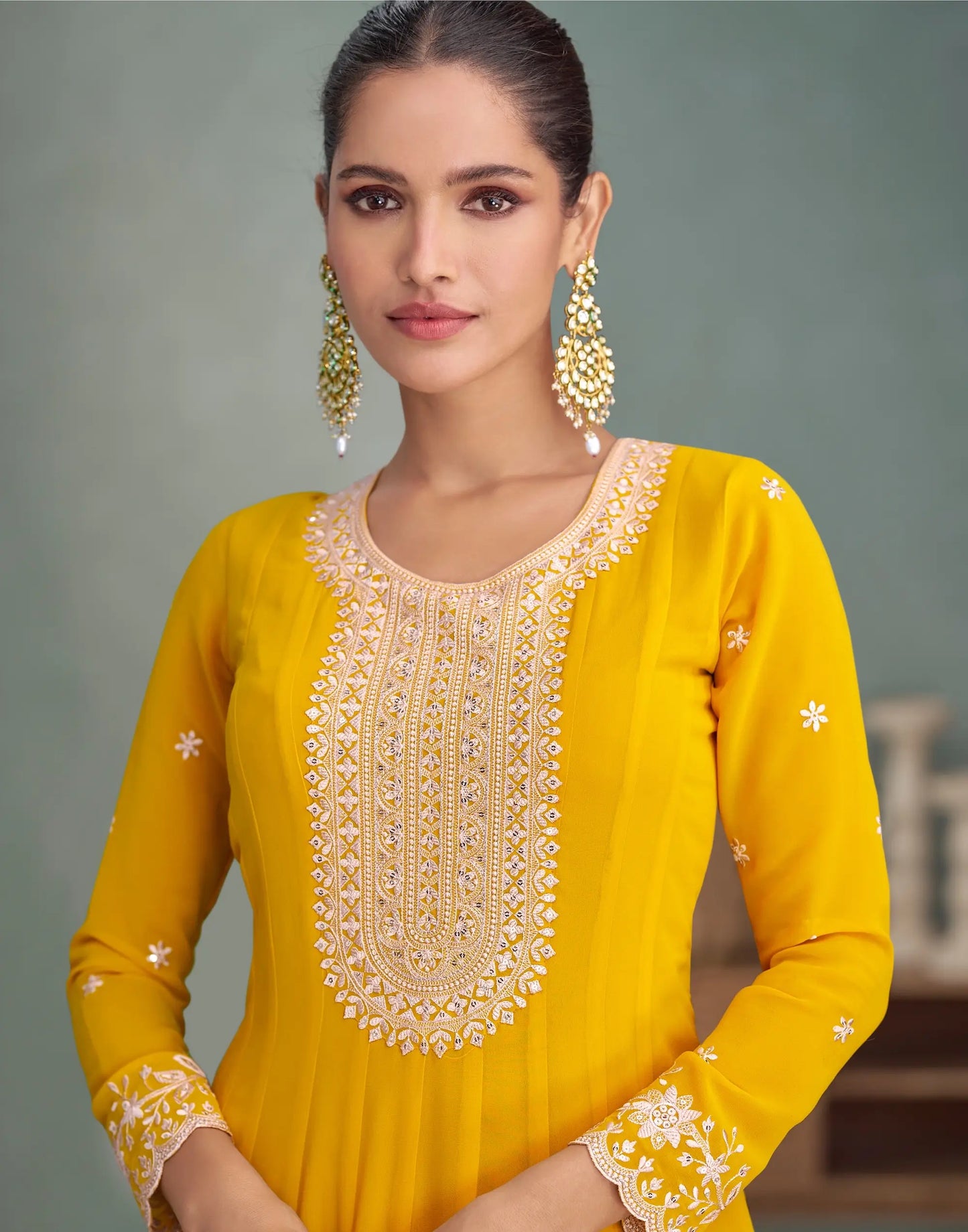 Yellow Georgette Embroidery Work Gown