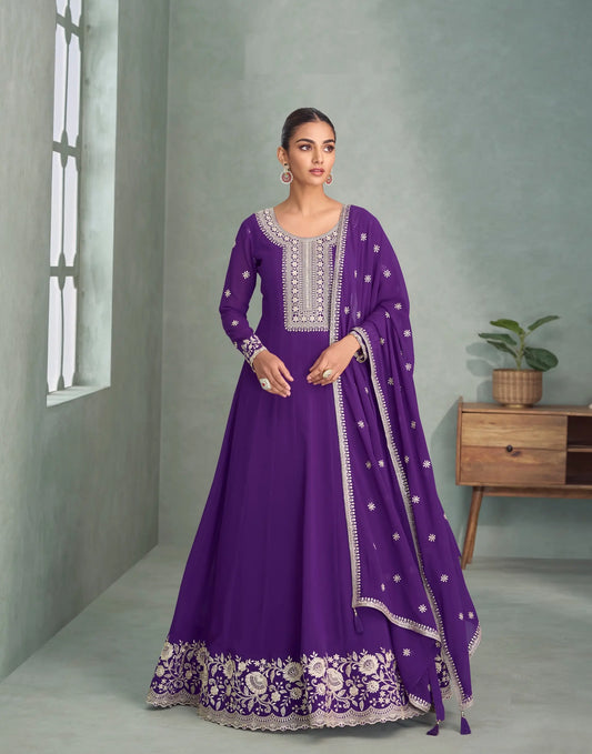 Purple Georgette Embroidery Work Gown