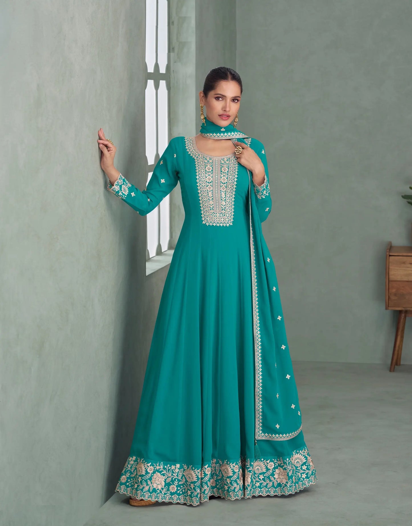 Teal Blue Georgette Embroidery Work Gown