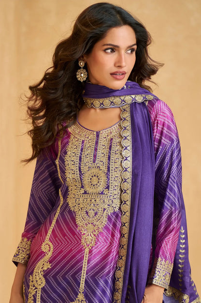Purple Chinon Silk Printed & Embroidery Work Palazzo set