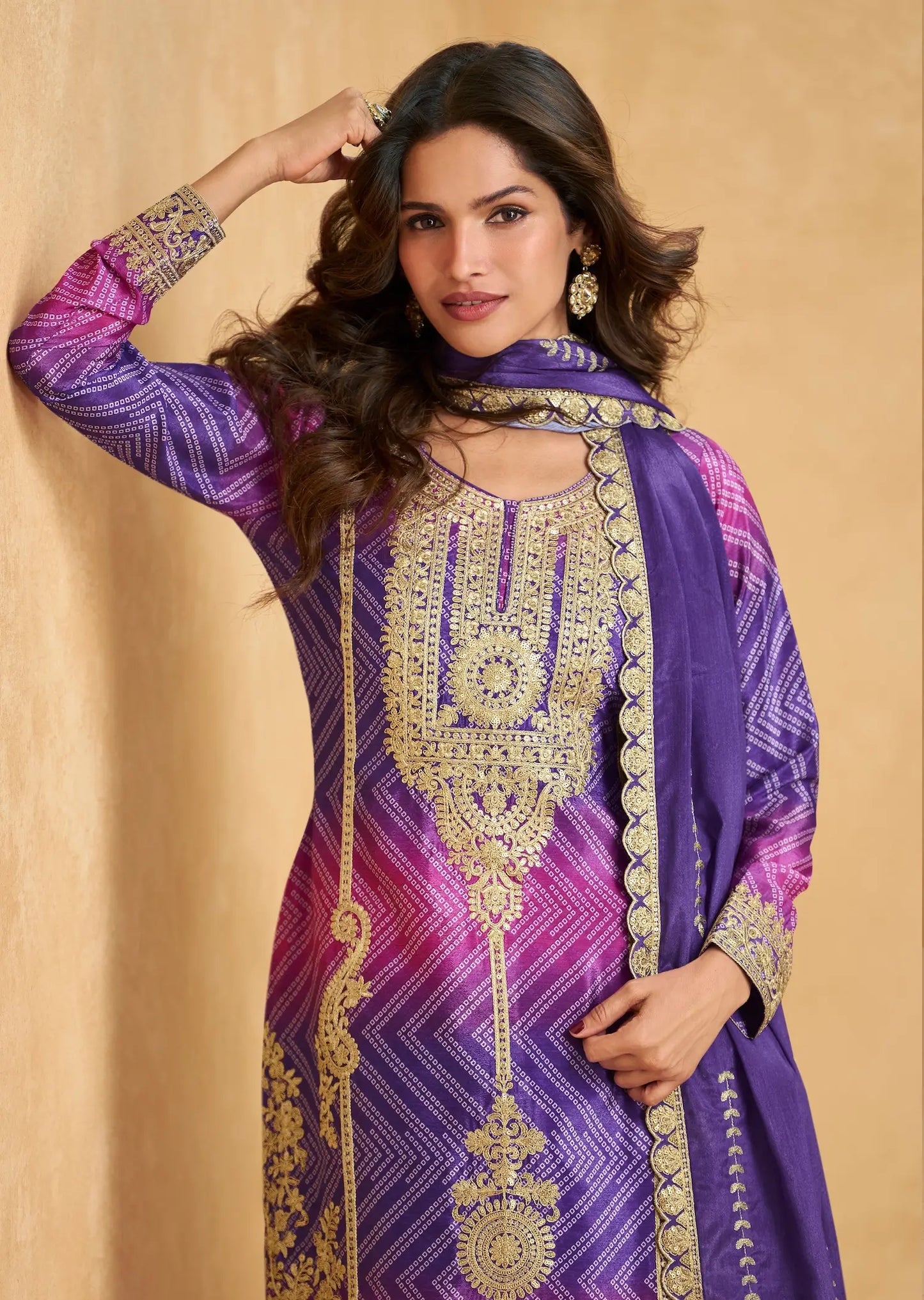 Purple Chinon Silk Printed & Embroidery Work Palazzo set