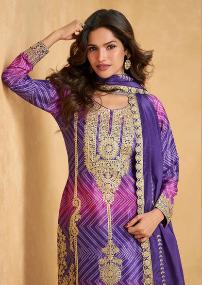 Purple Chinon Silk Printed & Embroidery Work Palazzo set