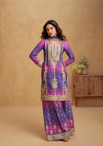 Purple Chinon Silk Printed & Embroidery Work Palazzo set