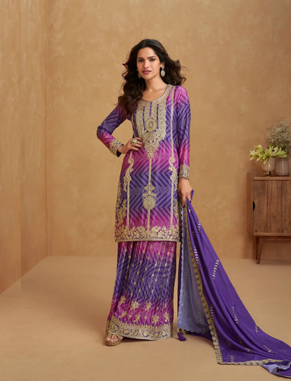 Purple Chinon Silk Printed & Embroidery Work Palazzo set