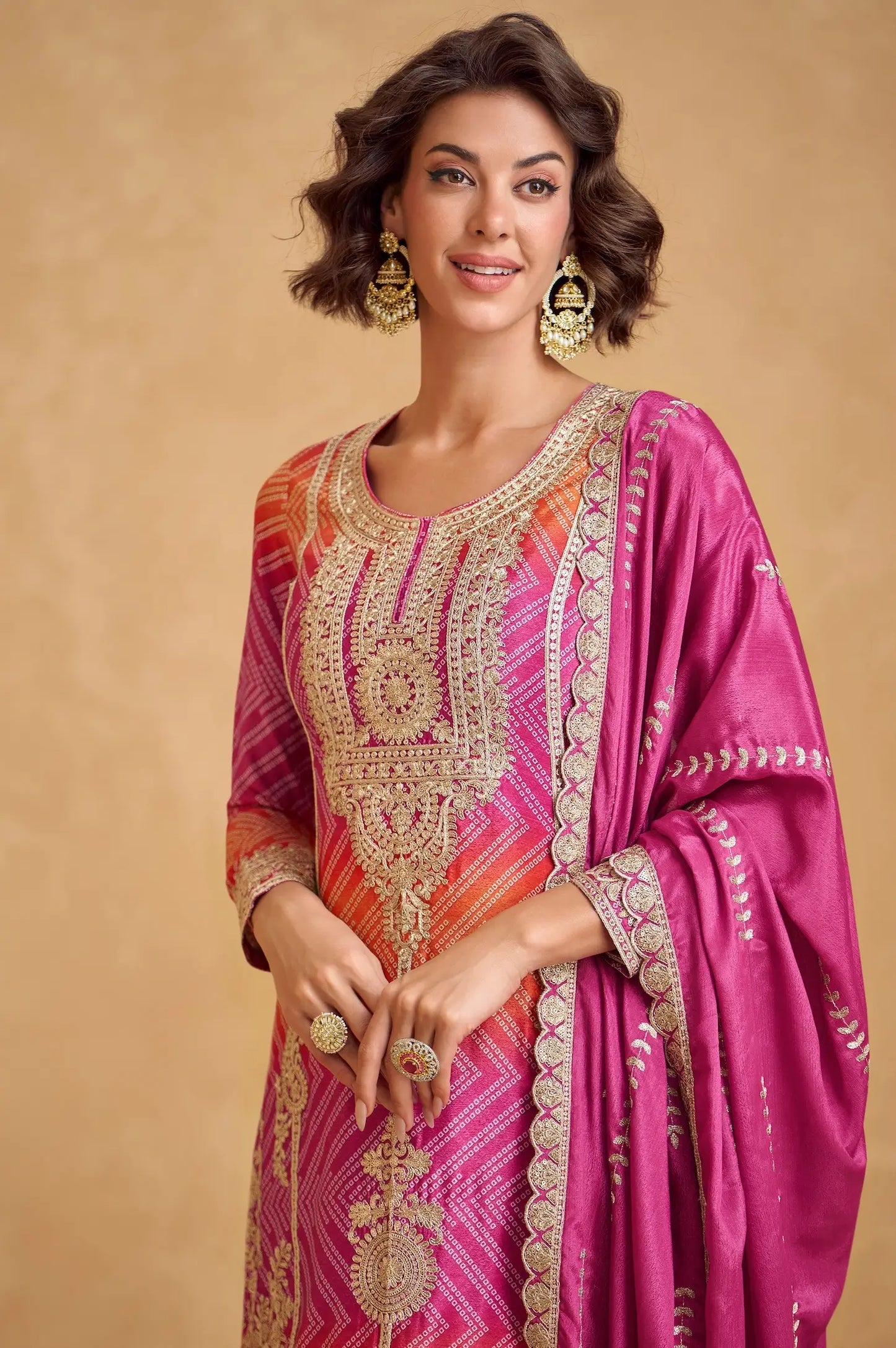 Pink Chinon Silk Printed & Embroidery Work Palazzo set