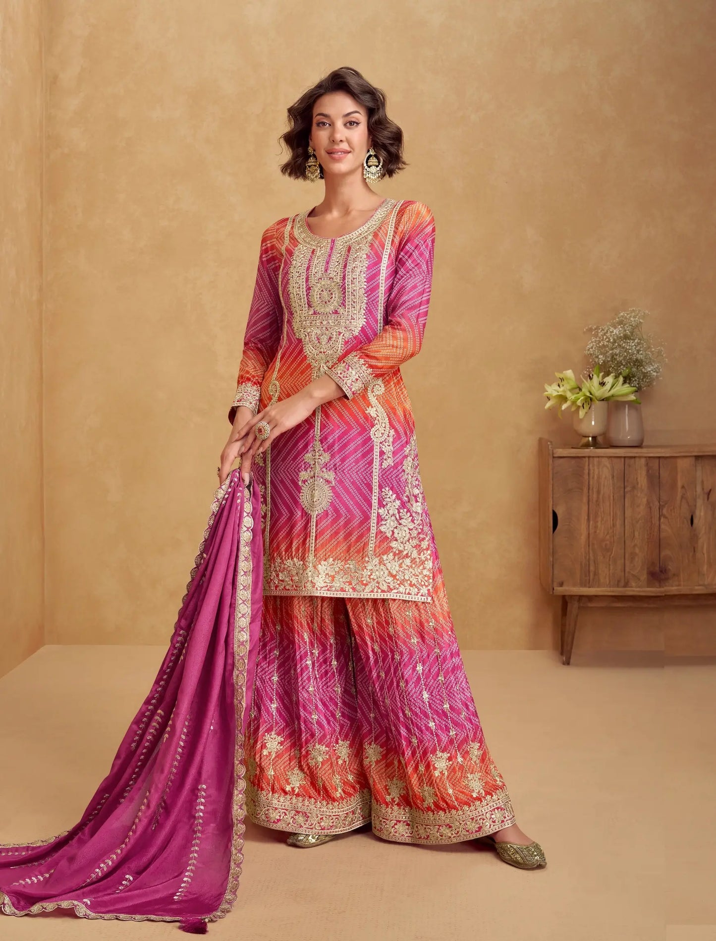 Pink Chinon Silk Printed & Embroidery Work Palazzo set