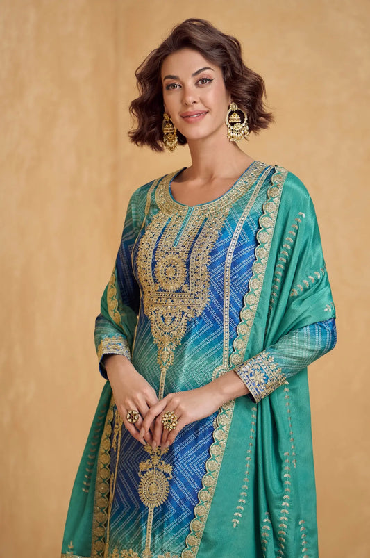 Sea Blue Chinon Silk Printed & Embroidery Work Palazzo set