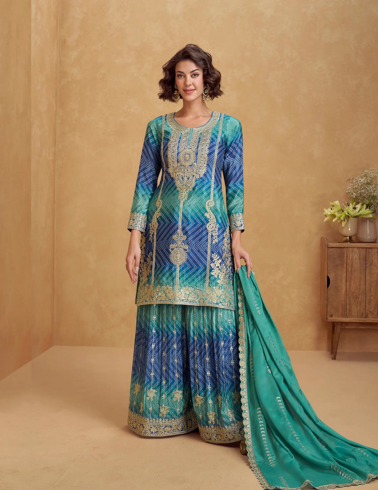 Sea Blue Chinon Silk Printed & Embroidery Work Palazzo set