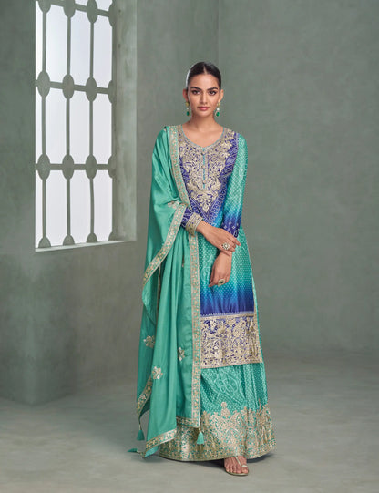 Sea Blue Chinon Silk Embroidery Palazzo Suit