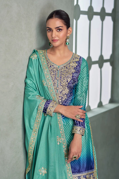 Sea Blue Chinon Silk Embroidery Palazzo Suit