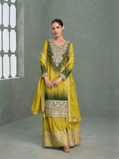 Lime Yellow Chinon Silk Embroidery Palazzo Suit