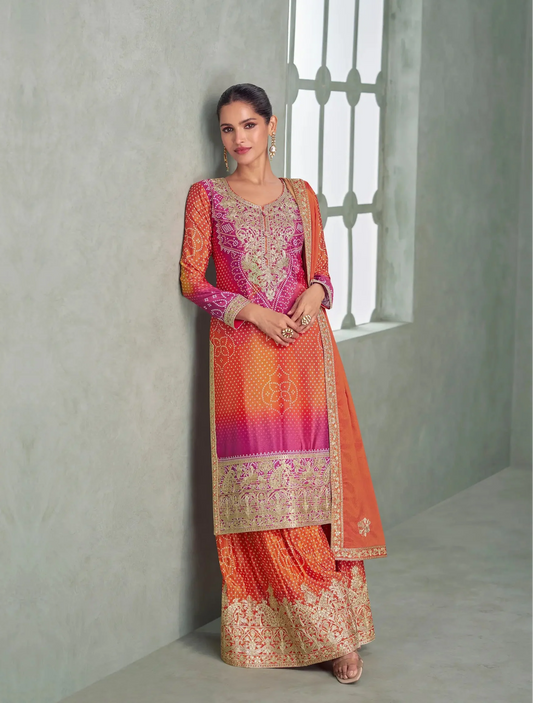 Sunrise Orange Chinon Silk Embroidery Palazzo Suit