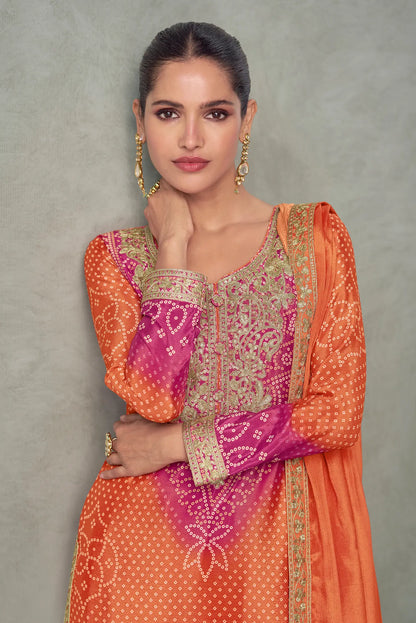 Sunrise Orange Chinon Silk Embroidery Palazzo Suit