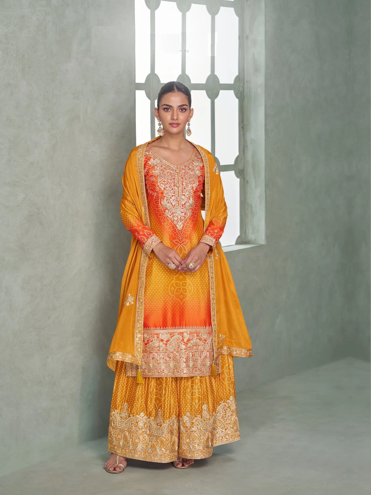 Turmeric Yellow Chinon Silk Embroidery Palazzo Suit