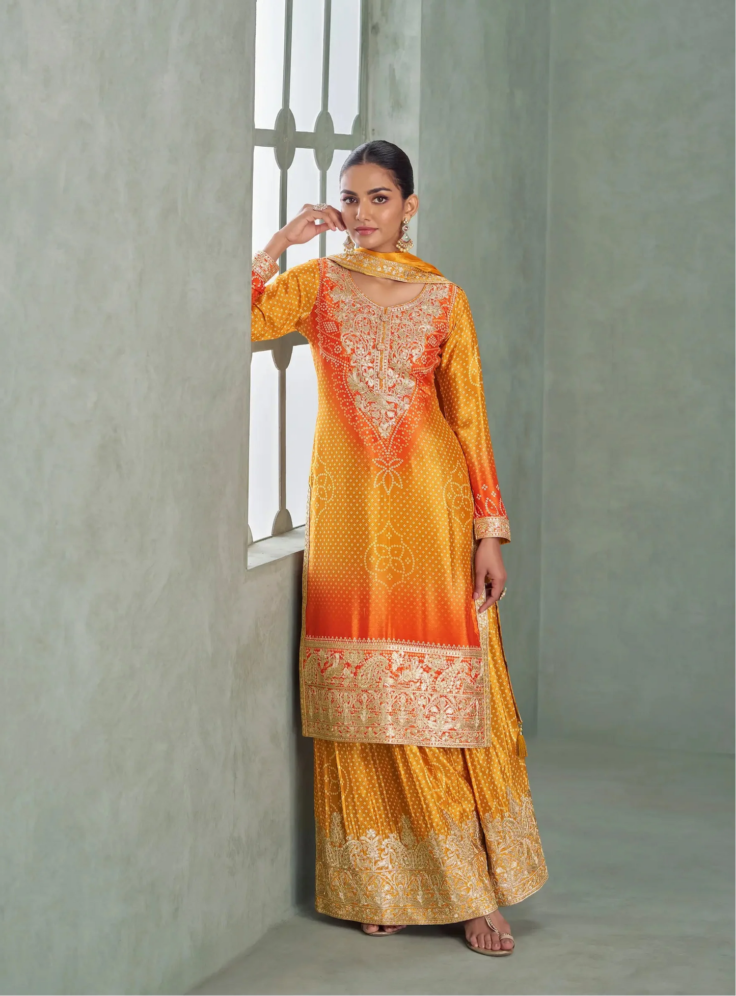 Turmeric Yellow Chinon Silk Embroidery Palazzo Suit
