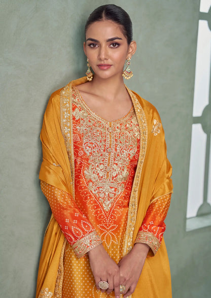 Turmeric Yellow Chinon Silk Embroidery Palazzo Suit