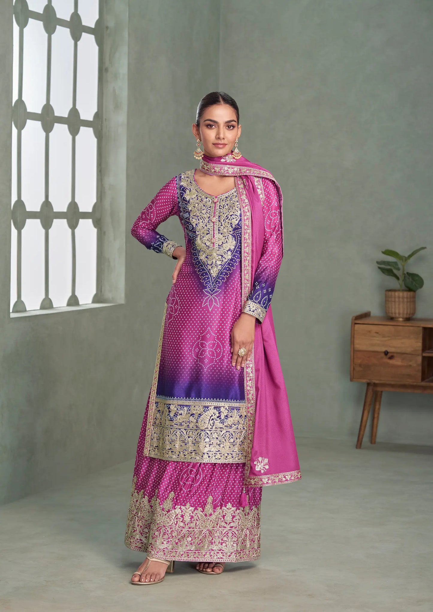 Royal Fuchsia Chinon Silk Embroidery Palazzo Suit