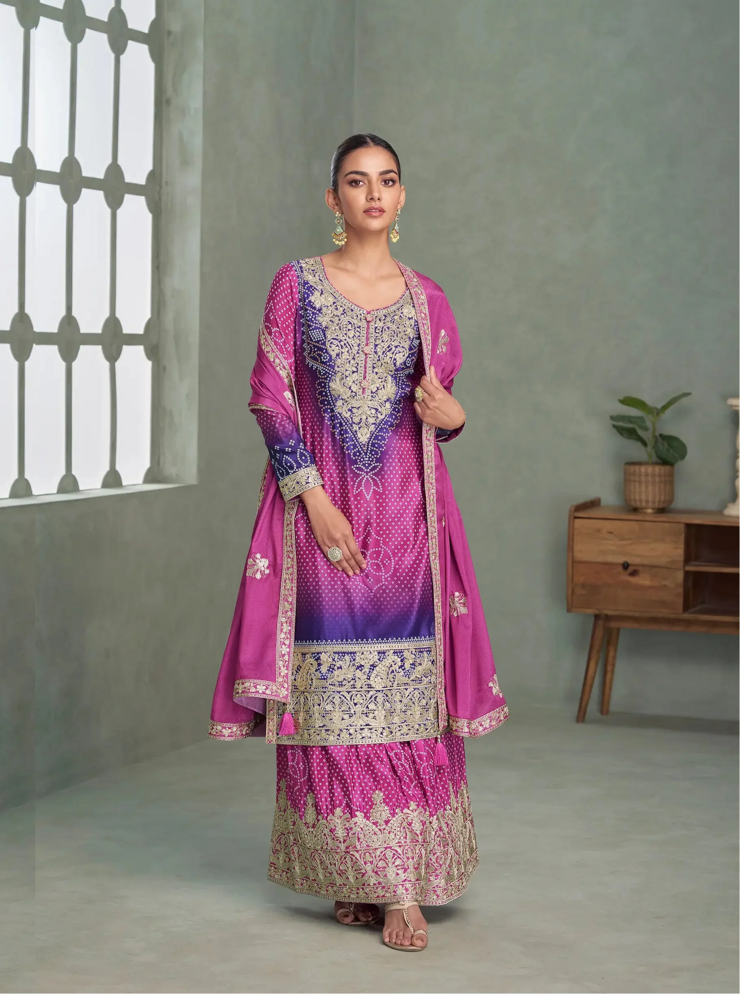 Royal Fuchsia Chinon Silk Embroidery Palazzo Suit