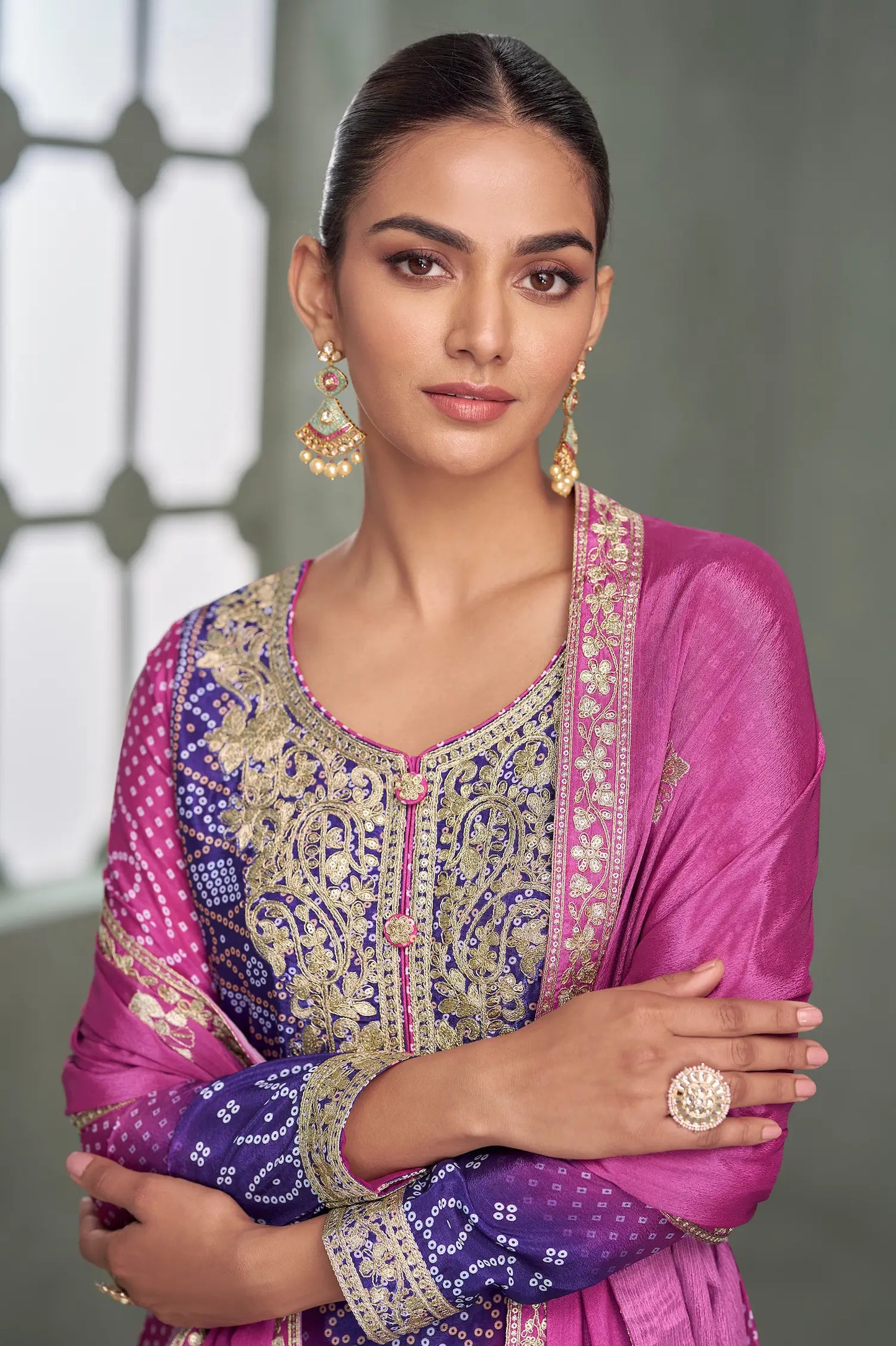 Royal Fuchsia Chinon Silk Embroidery Palazzo Suit