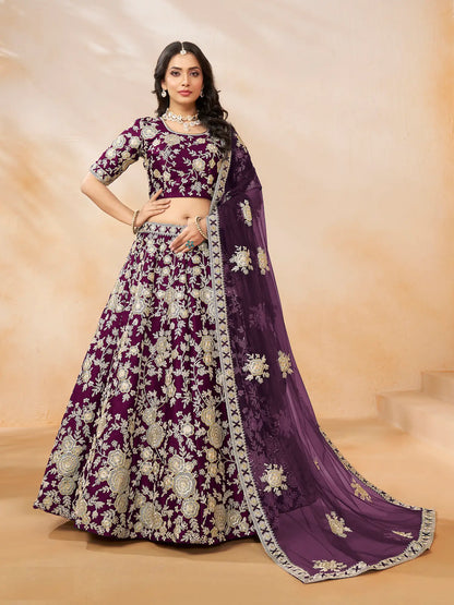 Wine Art Silk Lehenga Choli With Thread & Sequence Embroidery Work