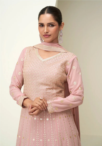 Light Pink Georgette Embroidery Work Gown
