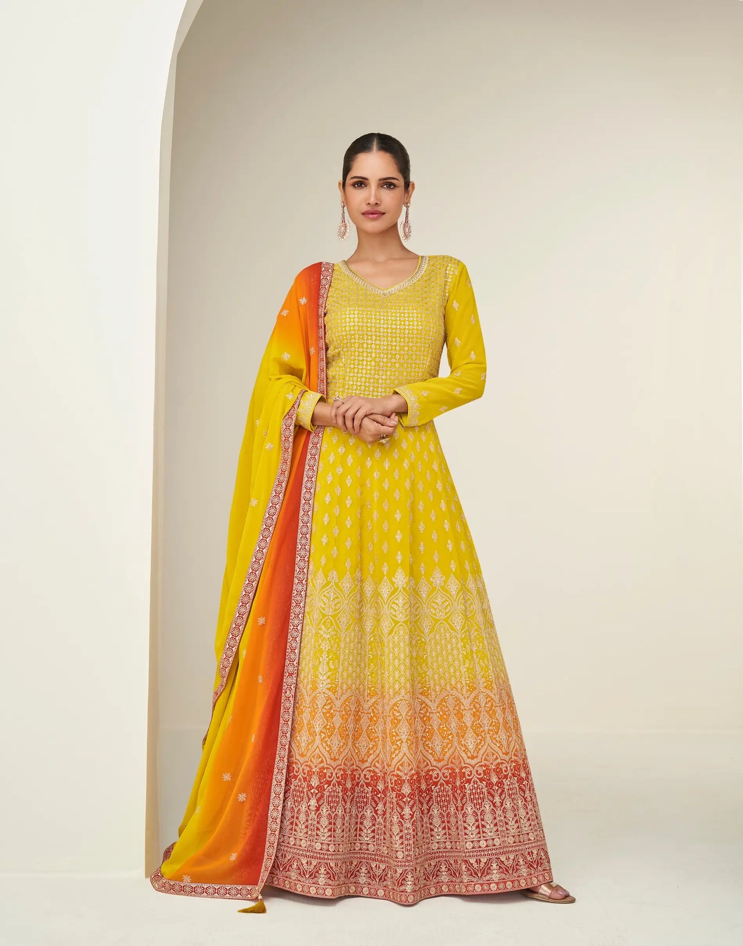 Bee Yellow Georgette Embroidery Work Gown
