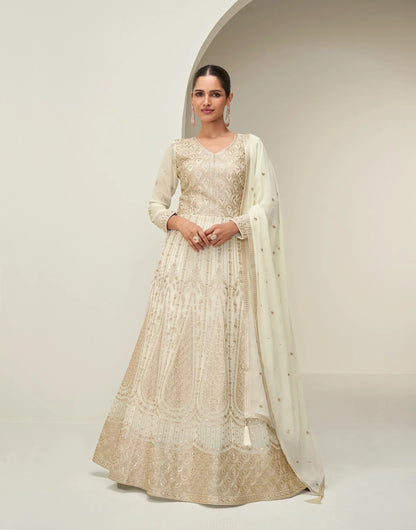 Off White Georgette Embroidery Work Gown