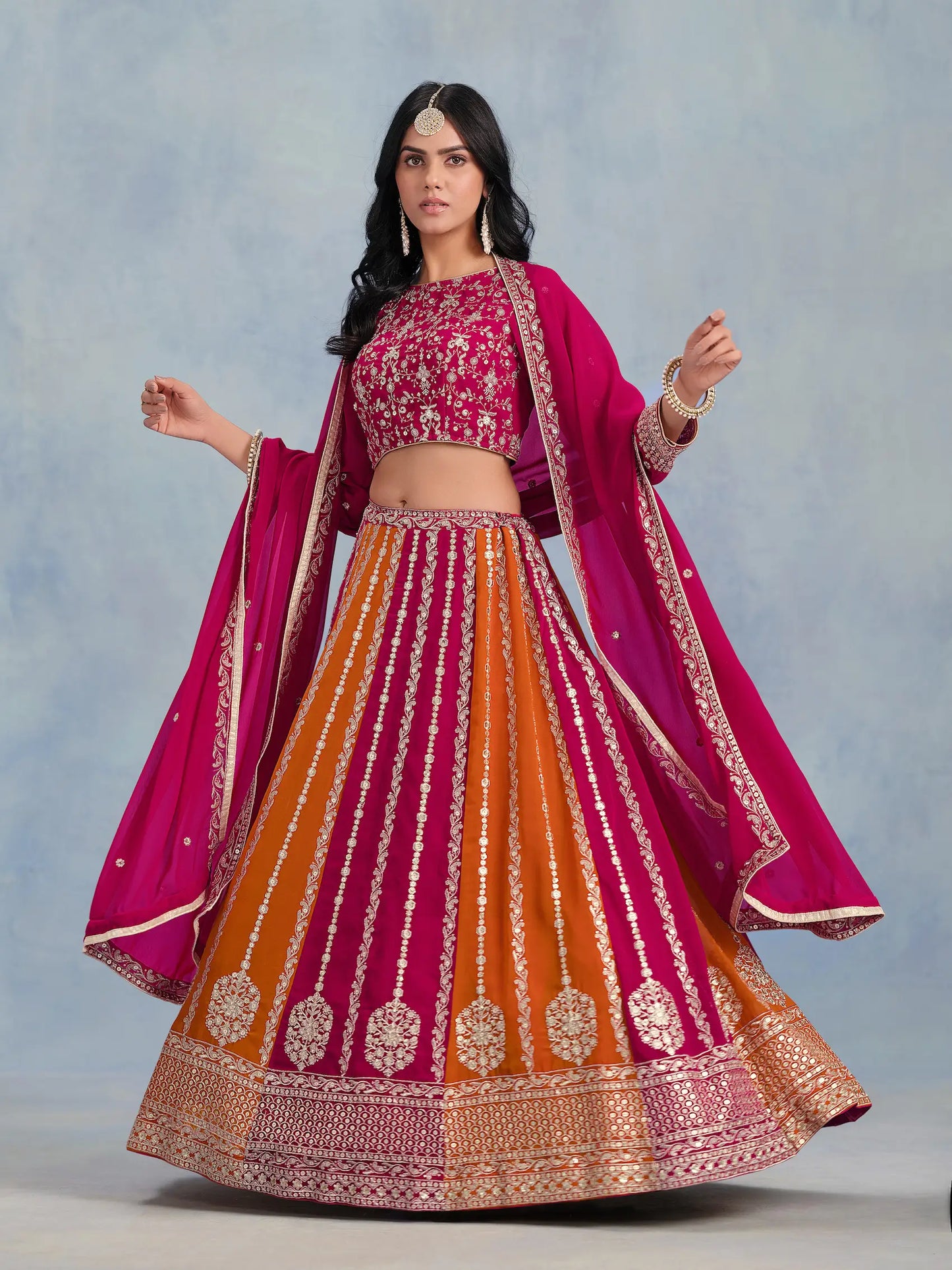 Dark Pink-Orange Georgette Thread & Sequins Embroidery Lehenga Choli