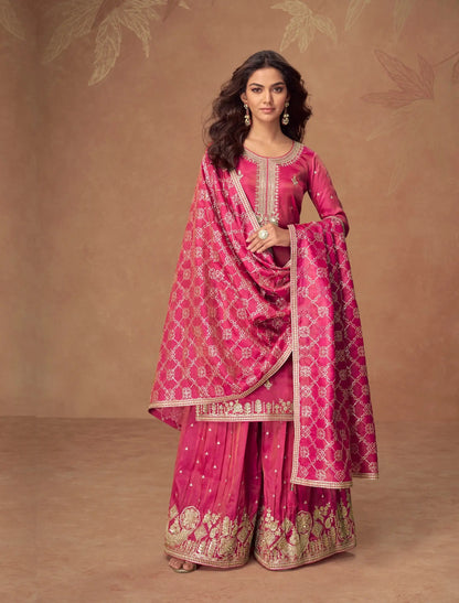Rani Pink Shimmer Silk Embroidery Work Palazzo Suit
