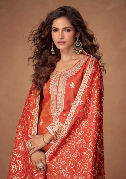 Orange Shimmer Silk Embroidery Work Palazzo Suit
