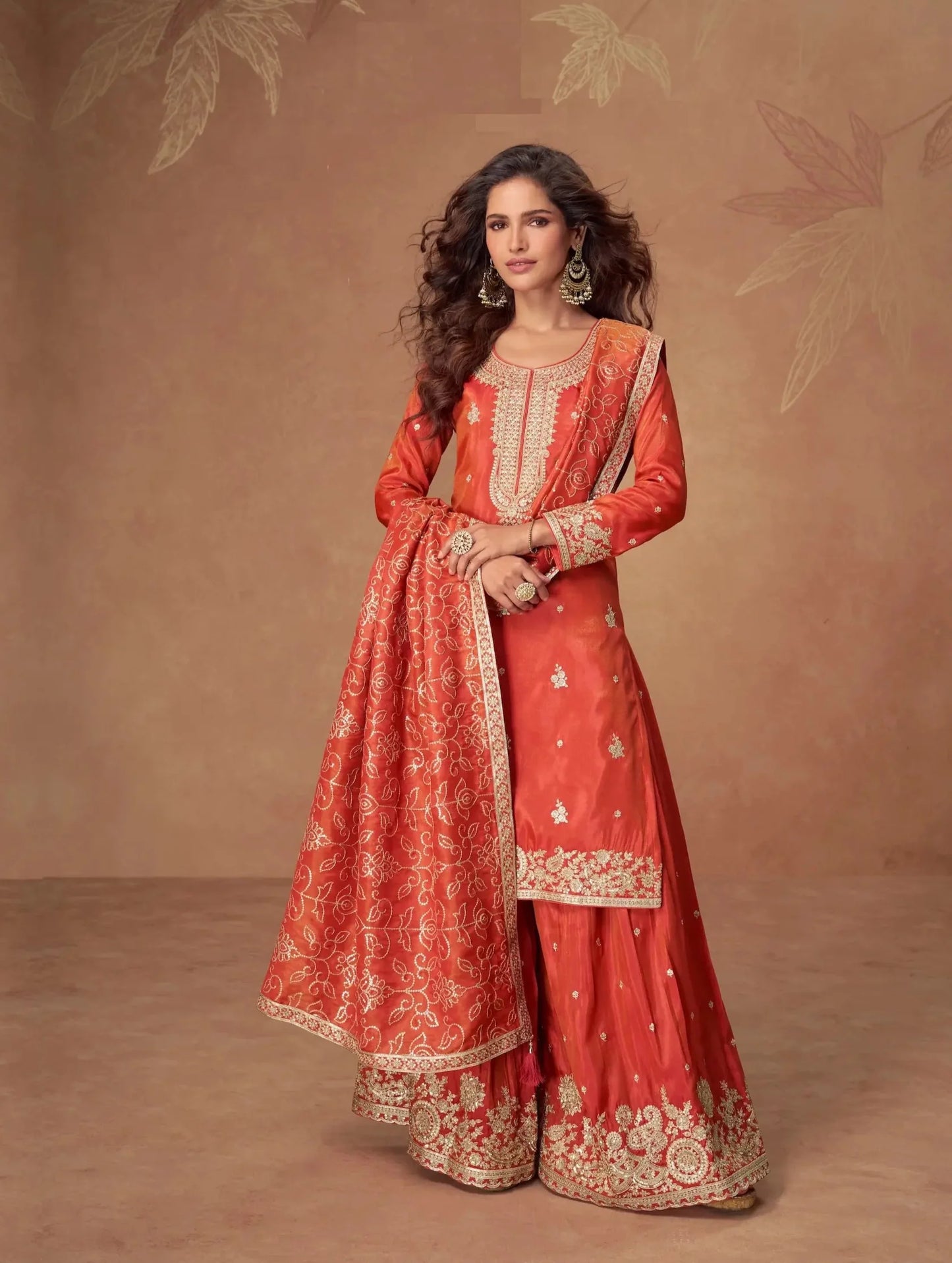 Orange Shimmer Silk Embroidery Work Palazzo Suit