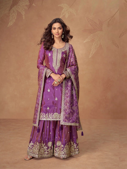 Plum Purple Shimmer Silk Embroidery Work Palazzo Suit
