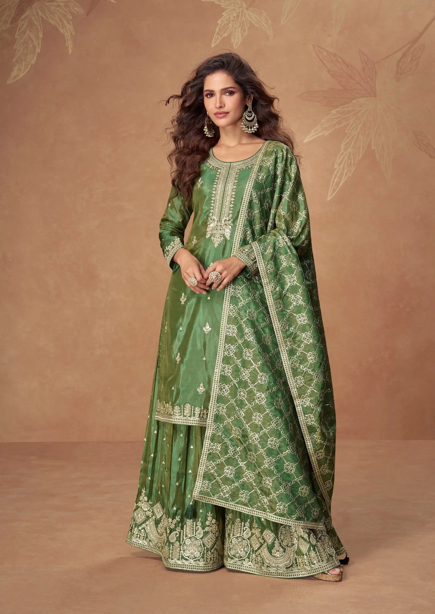 Hazel Green Shimmer Silk Embroidery Work Palazzo Suit