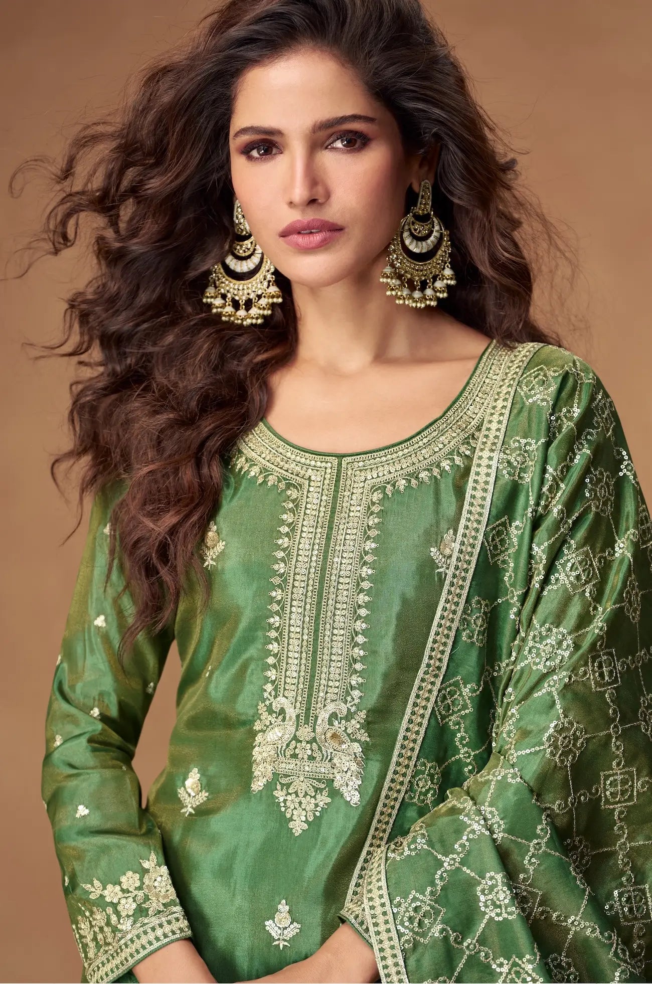 Hazel Green Shimmer Silk Embroidery Work Palazzo Suit