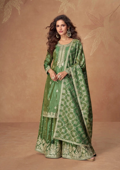 Hazel Green Shimmer Silk Embroidery Work Palazzo Suit