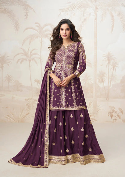 Wine Berry Chinon Silk Embroidery Work Salwar Suit