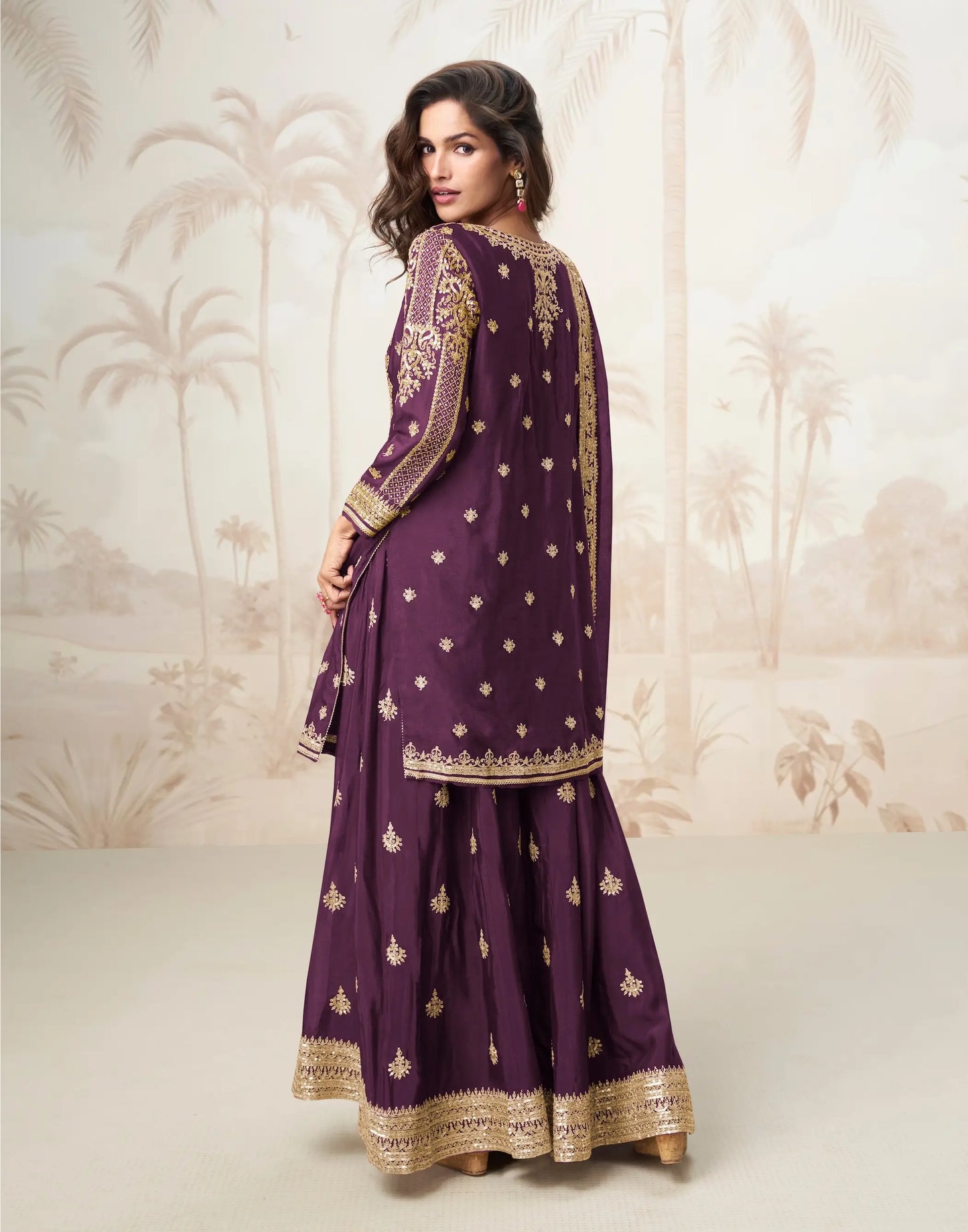 Wine Berry Chinon Silk Embroidery Work Salwar Suit