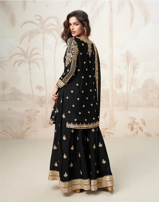 Black Chinon Silk Embroidery Work Salwar Suit