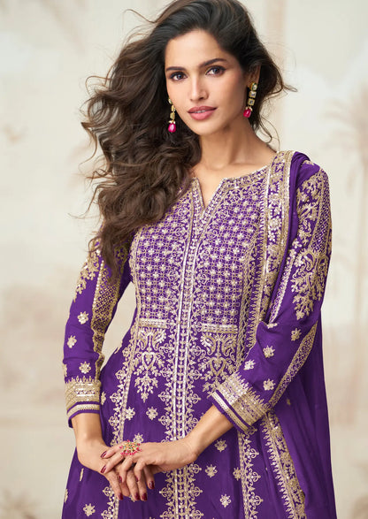 Purple Chinon Silk Embroidery Work Salwar Suit
