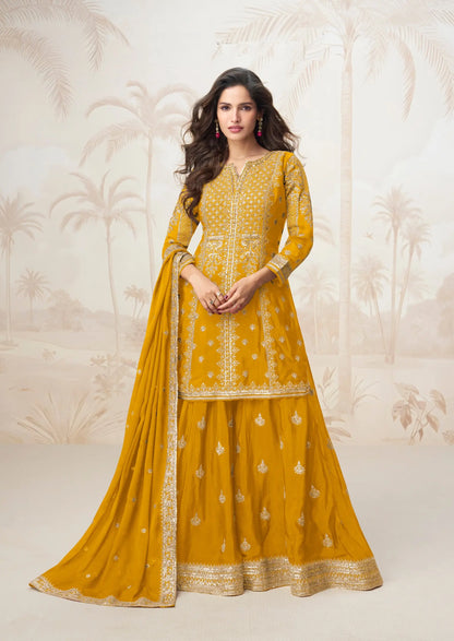 Golden Yellow Chinon Silk Embroidery Work Salwar Suit