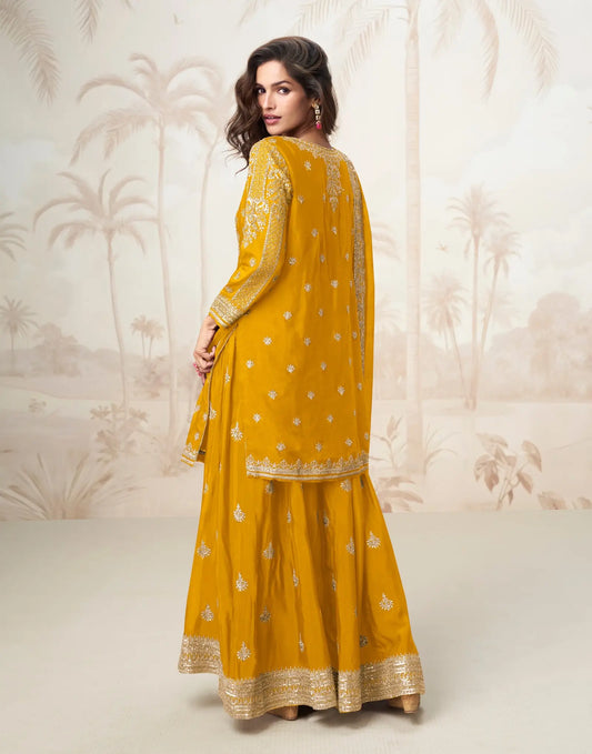 Golden Yellow Chinon Silk Embroidery Work Salwar Suit