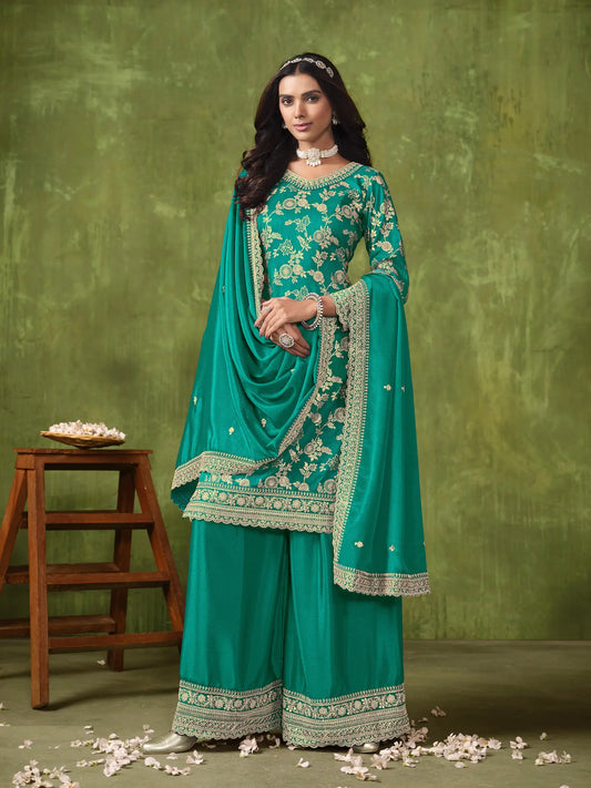 Teal Green Dola Silk Palazzo Suit with Zari Weaving, Thread & Sequins Embroidery Work
