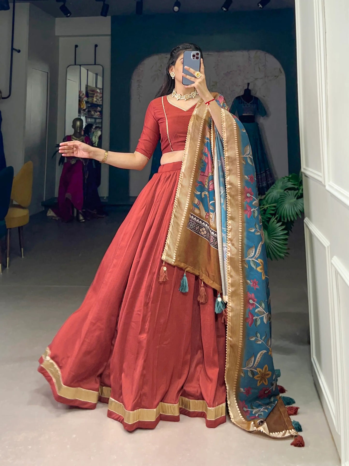 Dusty Red Chinnon Silk Lehenga Choli
