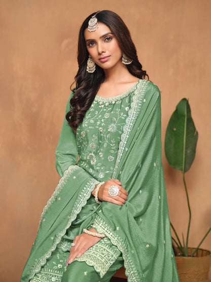 Pista Green Chinon Thread & Sequins Embroidery Palazzo Suit